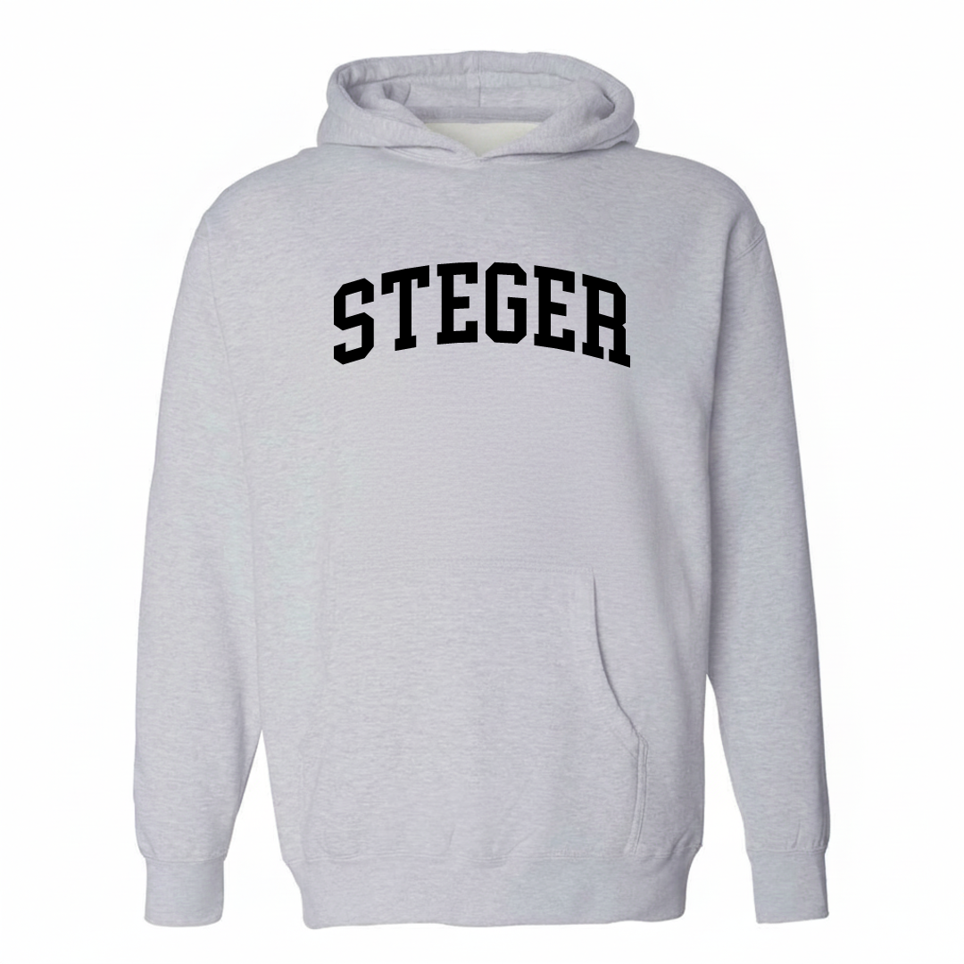 Heather-gray hoodie with the Steger arched varsity lettering design on the chest.