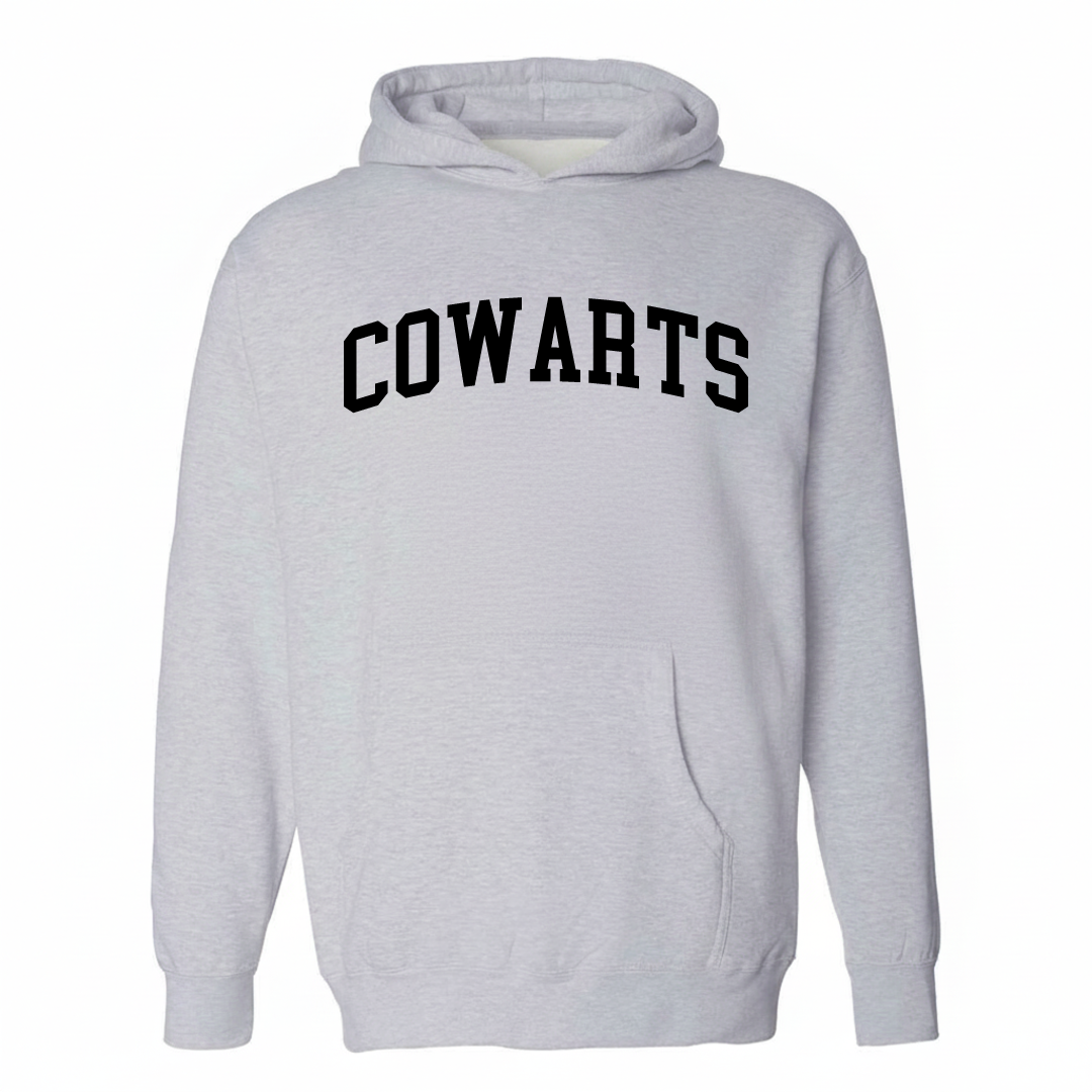 Heather-gray hoodie with the Cowarts varsity arched lettering design on the chest.