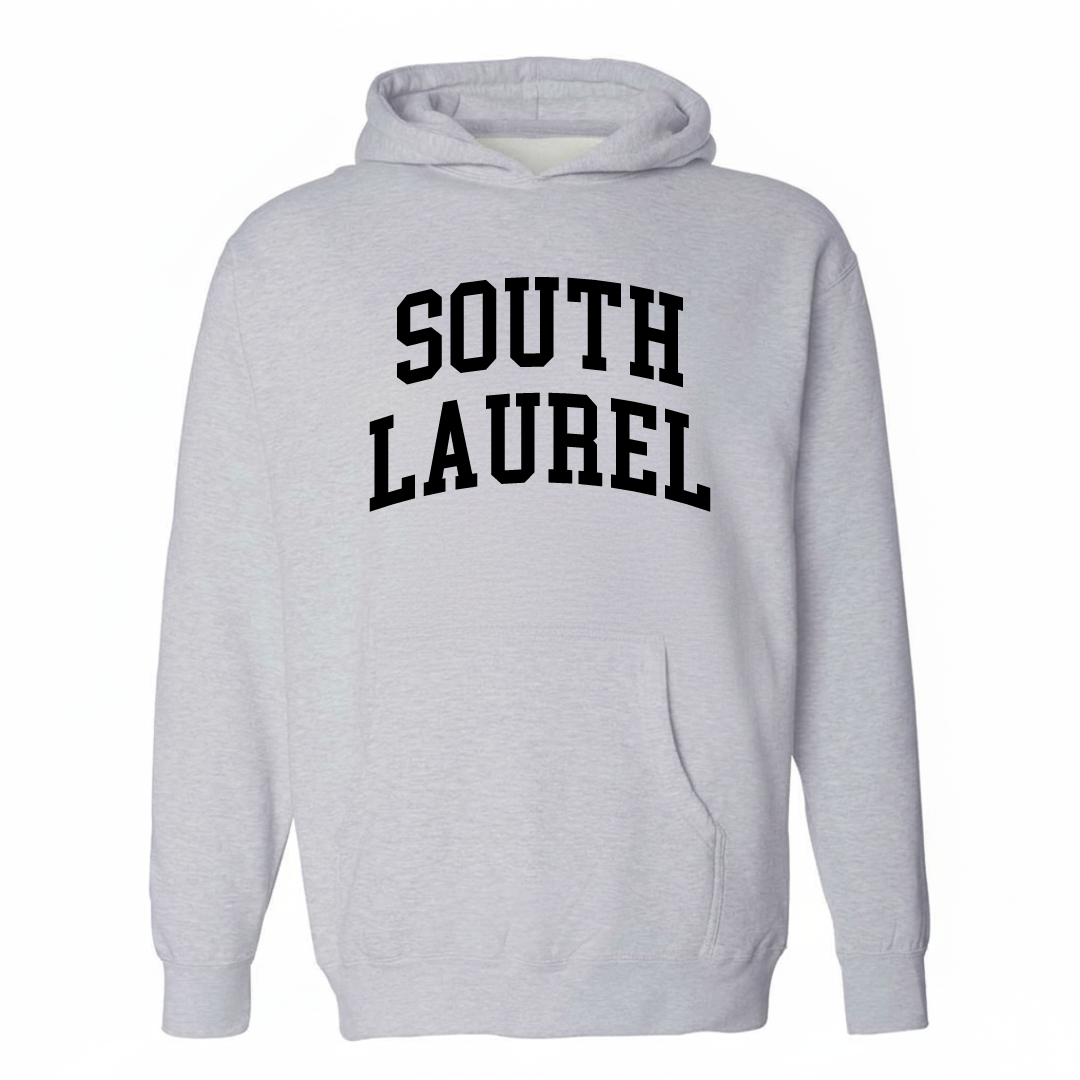 Heather-gray hoodie with the South Laurel varsity arched lettering design on the chest.