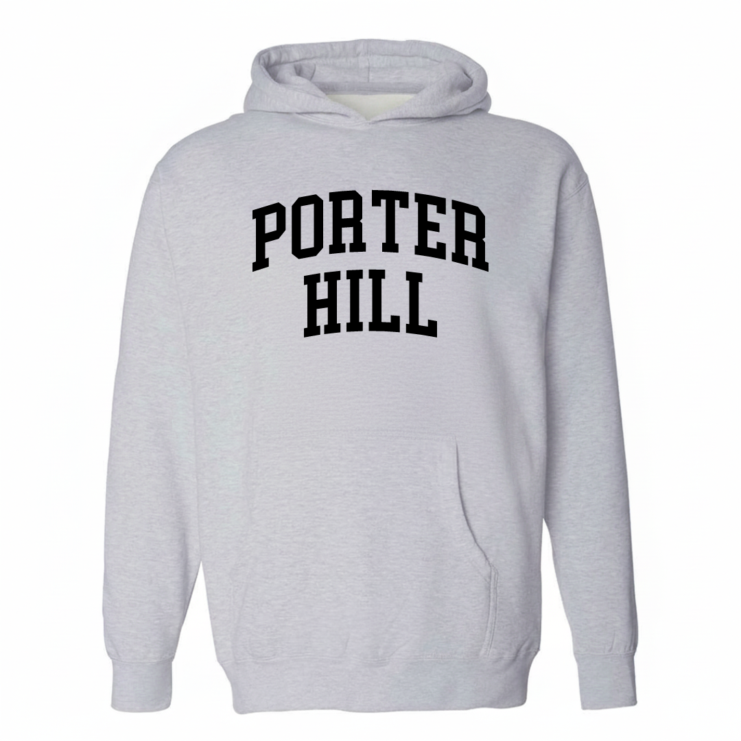 Heather-gray hoodie with the Porter Hill arched lettering design on the chest.