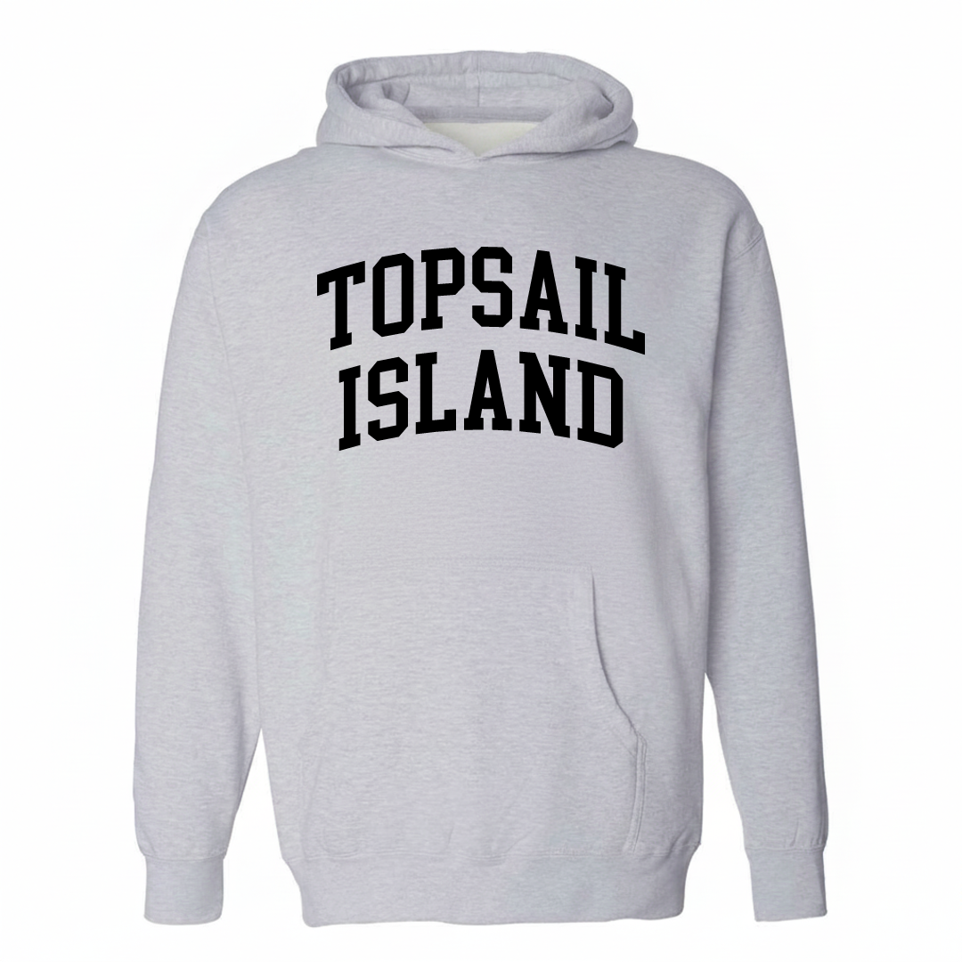 Heather-gray hoodie with the Topsail Island varsity arched lettering design on the chest.