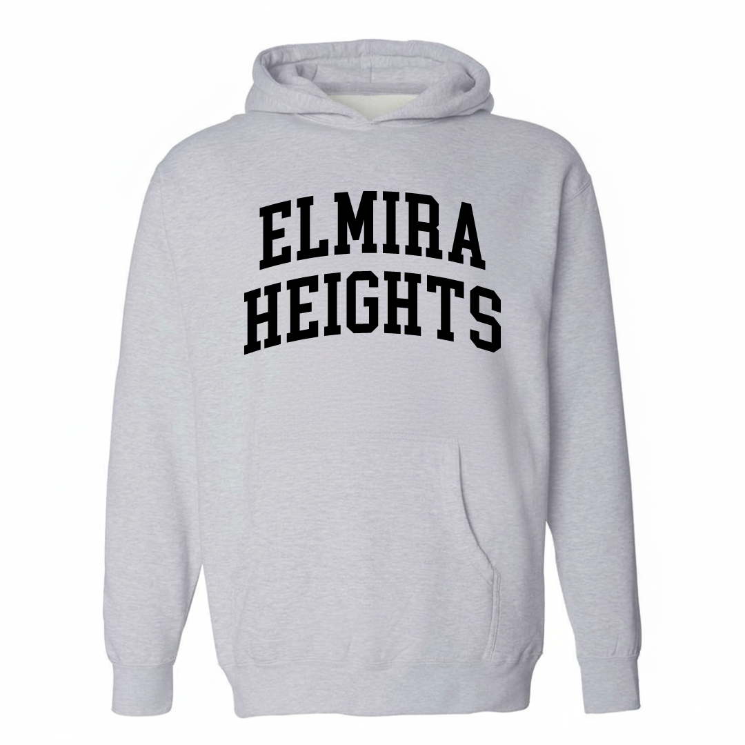 Heather-gray hoodie with the Elmira Heights varsity arched lettering design on the chest.