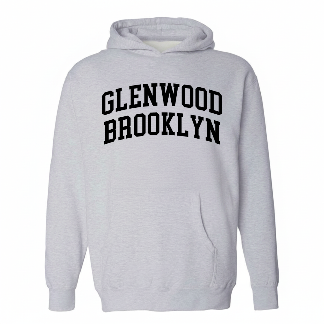 Heather-gray hoodie with the Glenwood-Brooklyn varsity arched lettering design on the chest.