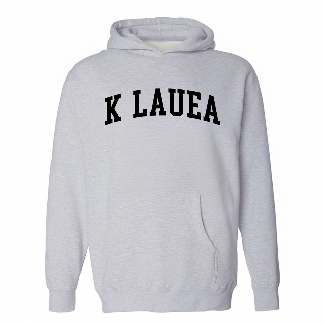 Heather-gray hoodie with the Kīlauea varsity arched lettering design on the chest.