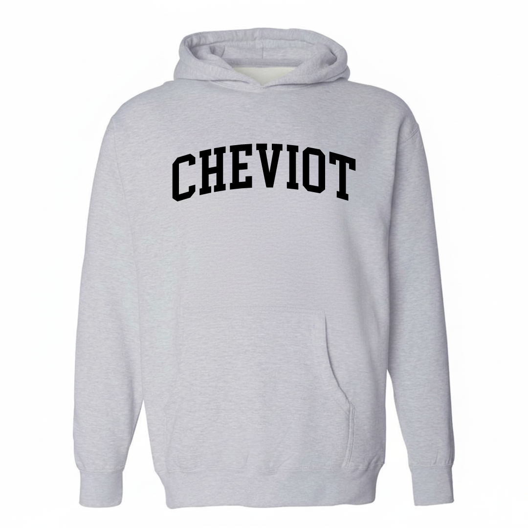Heather-gray hoodie with the Cheviot varsity arched lettering design on the chest.