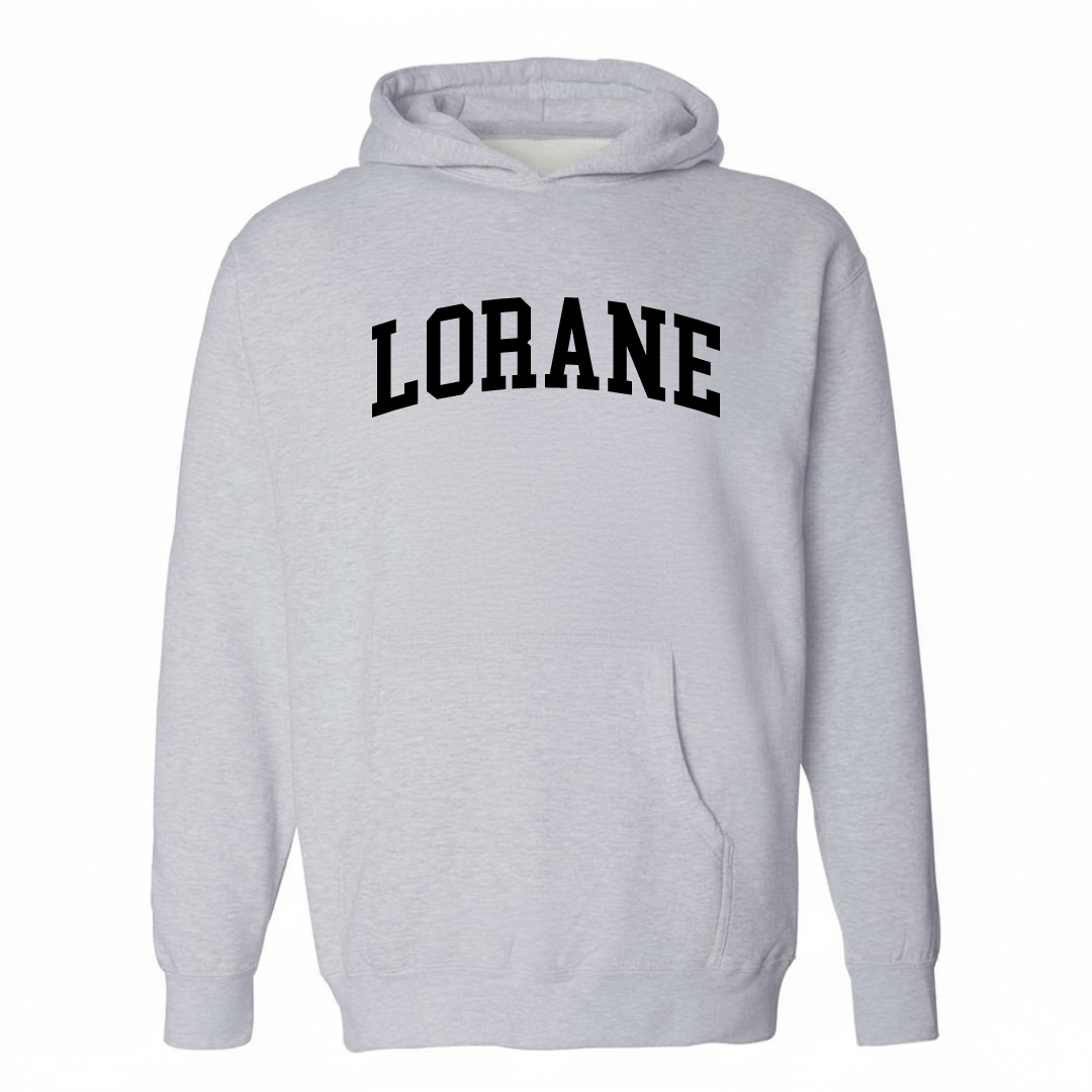 Heather-gray hoodie with the Lorane varsity arched lettering design on the chest.