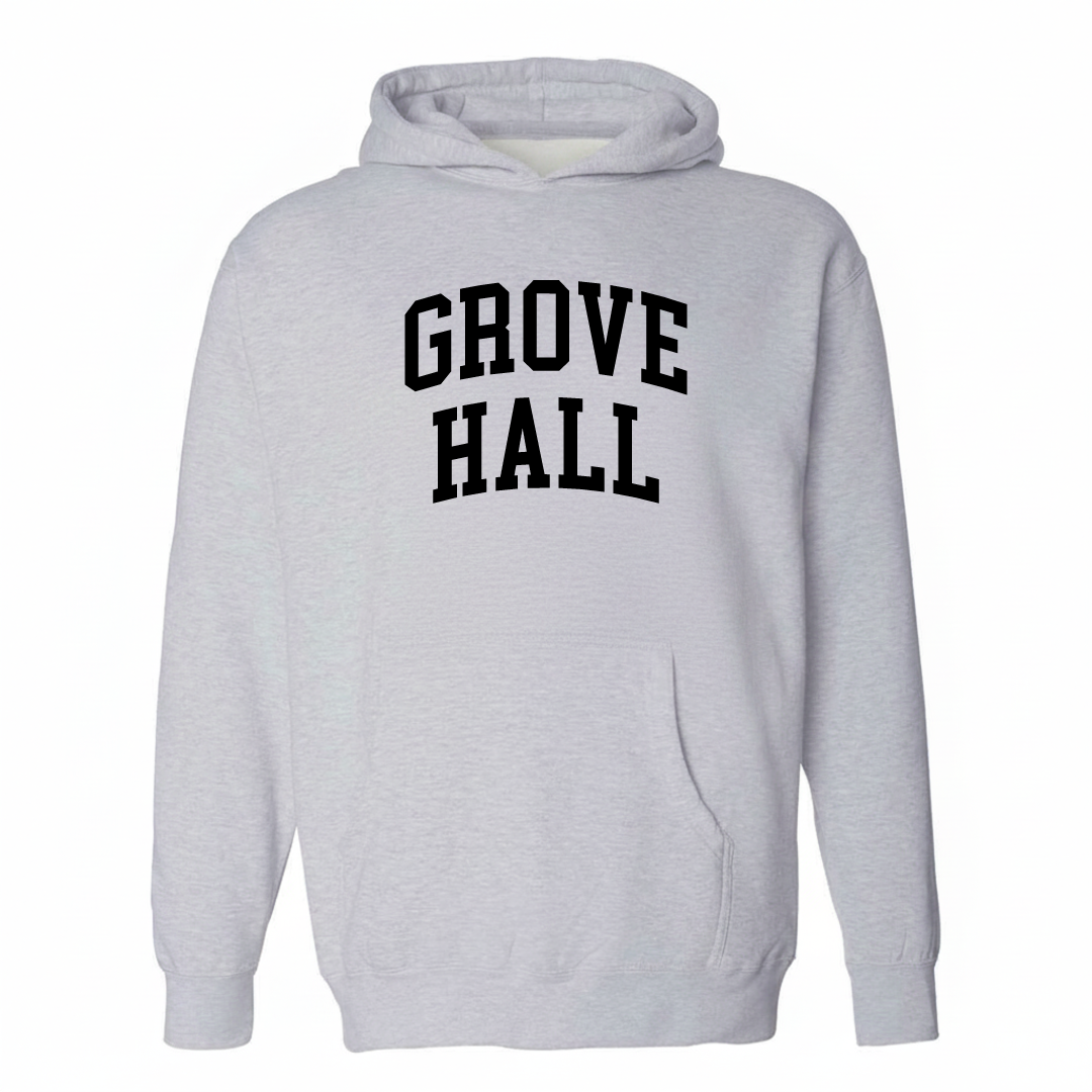 Heather-gray hoodie with the Grove Hall arched varsity lettering design on the chest.
