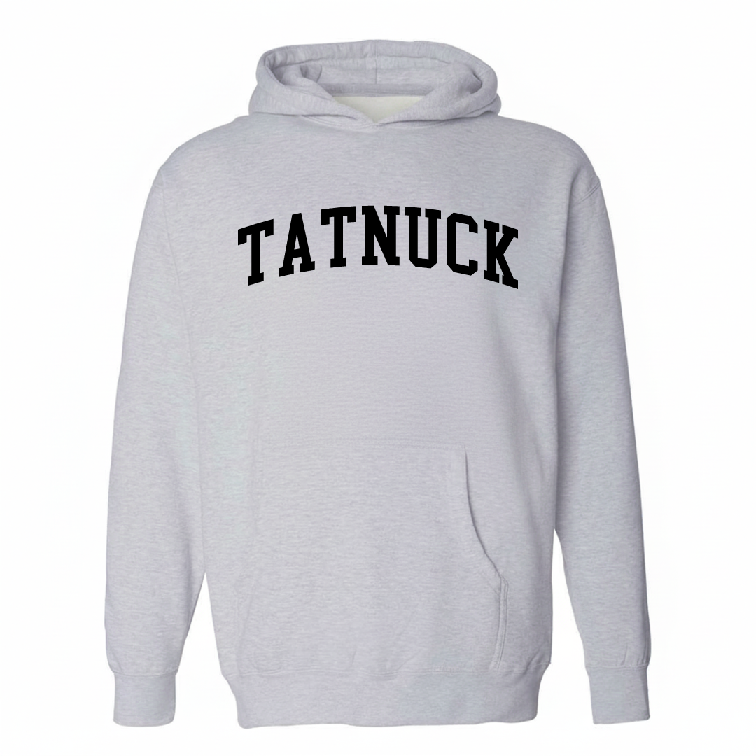 Heather-gray hoodie with the Tatnuck varsity arched lettering design on the chest.