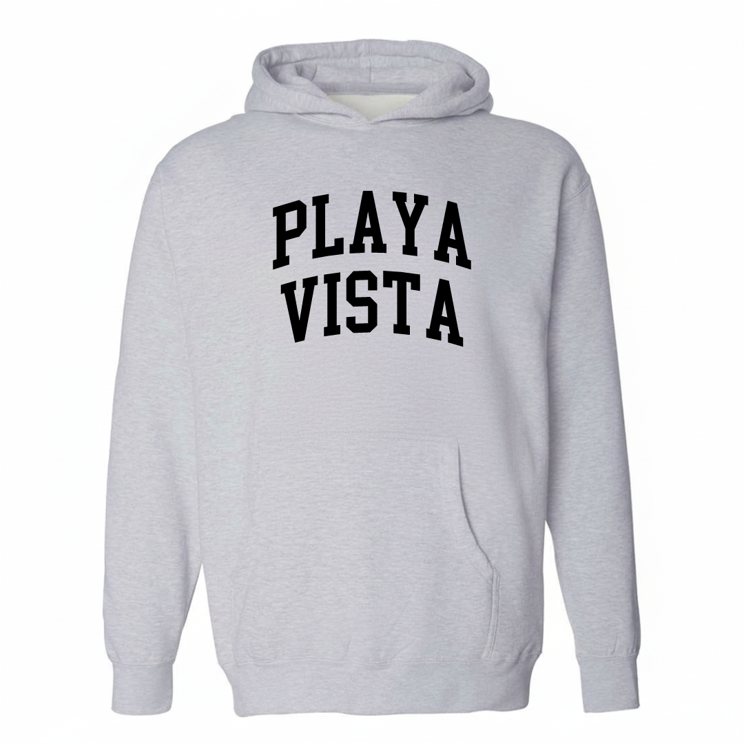Heather-gray hoodie with the Playa Vista arched varsity lettering design on the chest.