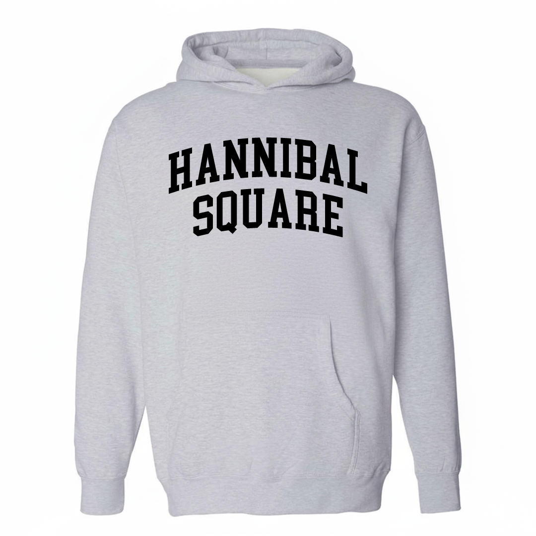 Heather-gray hoodie with the Hannibal Square varsity arched lettering design on the chest.