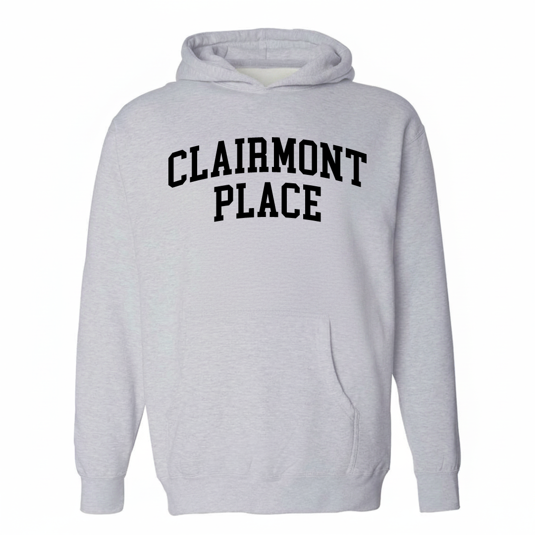Heather-gray hoodie with the Clairmont Place varsity arched lettering design on the chest.