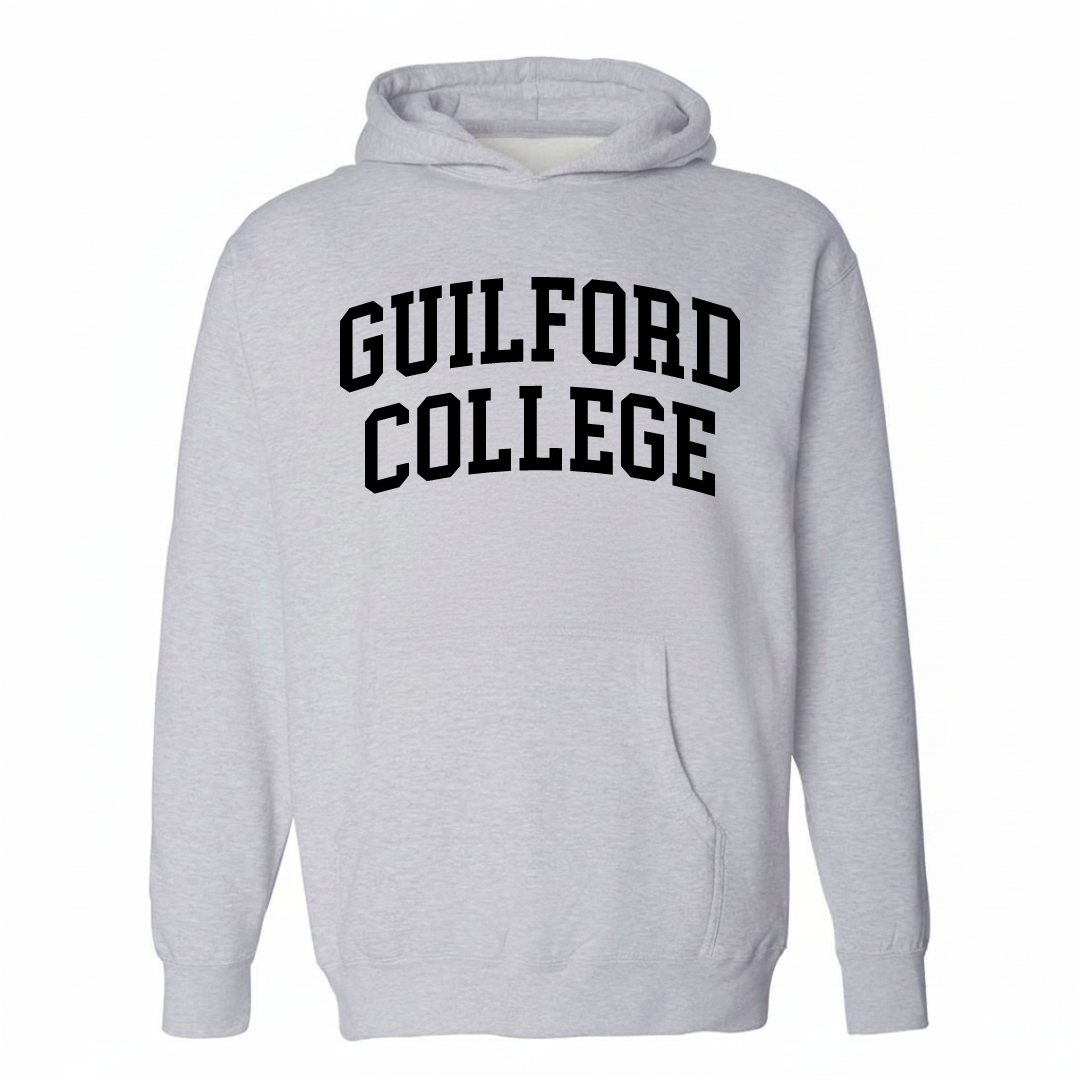 Heather-gray hoodie with the Guilford College varsity arched lettering design on the chest.