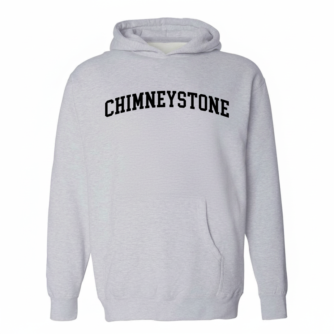 Heather-gray hoodie with the Chimneystone varsity arched lettering design on the chest.