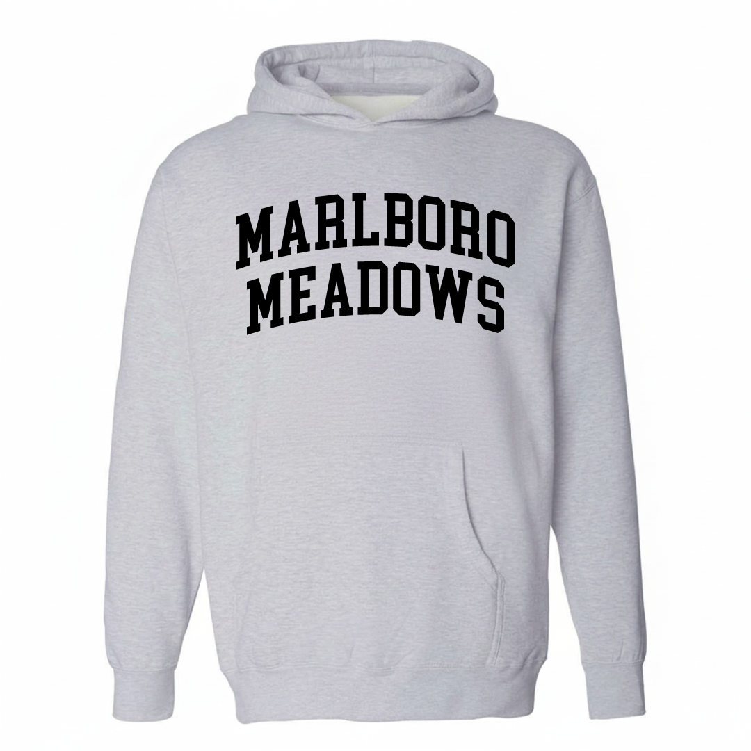 Heather-gray hoodie with the Marlboro Meadows varsity arched lettering design on the chest.