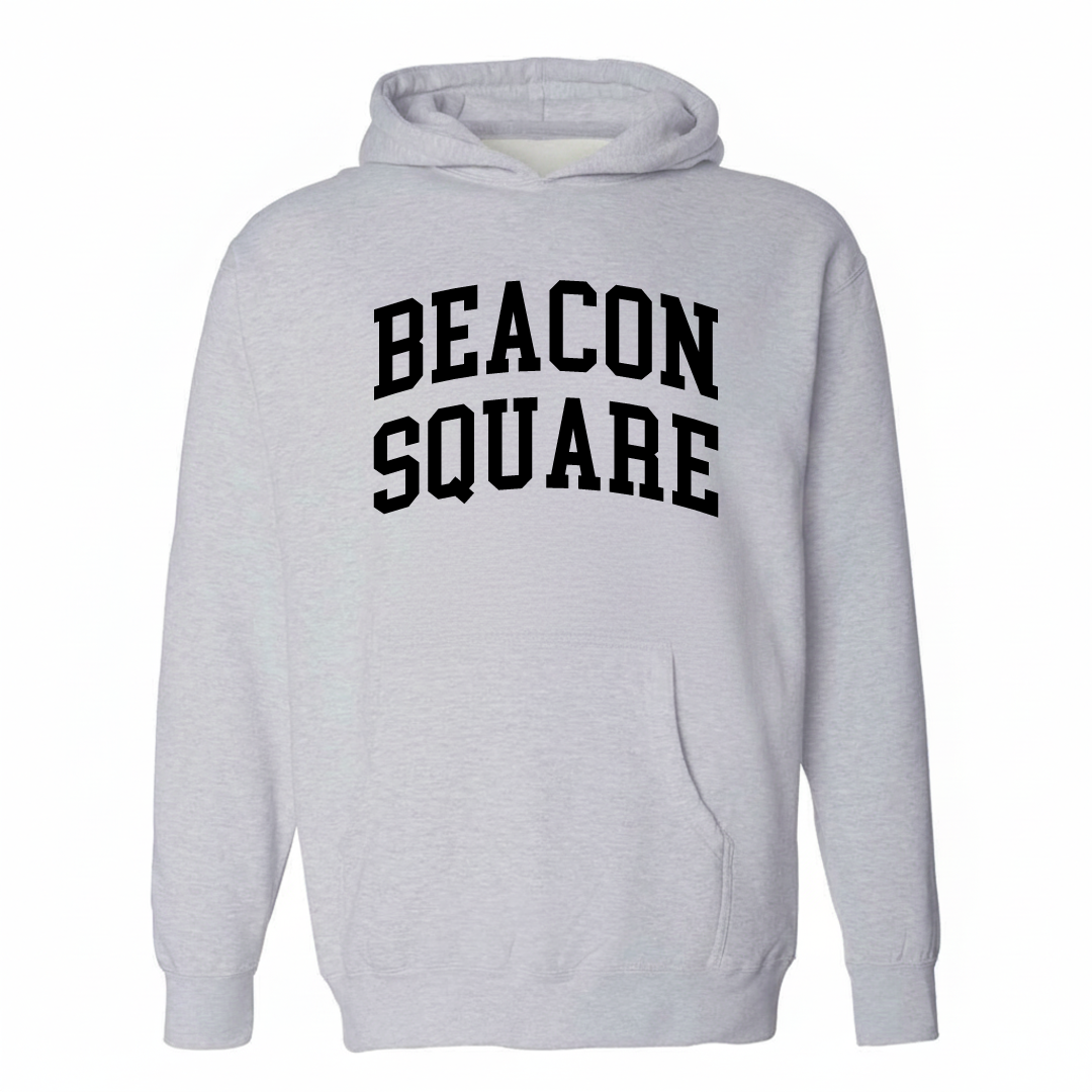 Heather-gray hoodie with the Beacon Square varsity arched lettering design on the chest.