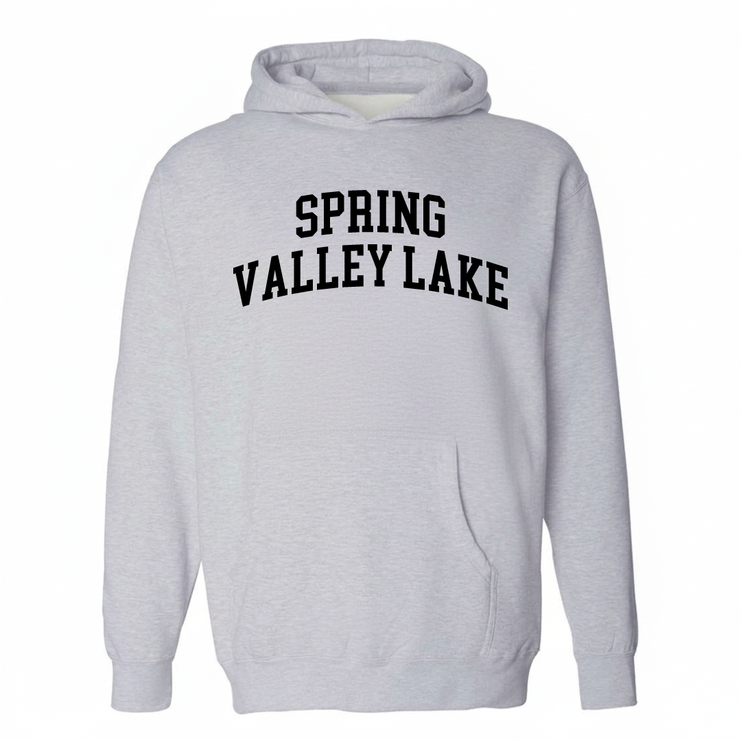 Heather-gray hoodie with the Spring Valley Lake varsity arched lettering design on the chest.