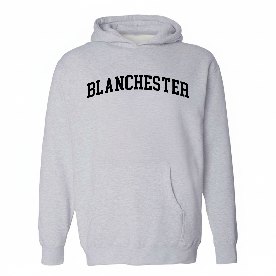Heather-gray hoodie with the Blanchester varsity arched lettering design on the chest.