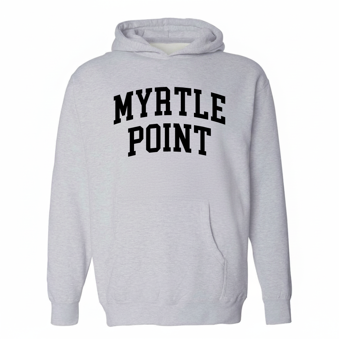 Heather-gray hoodie with the Myrtle Point arched lettering design on the chest.