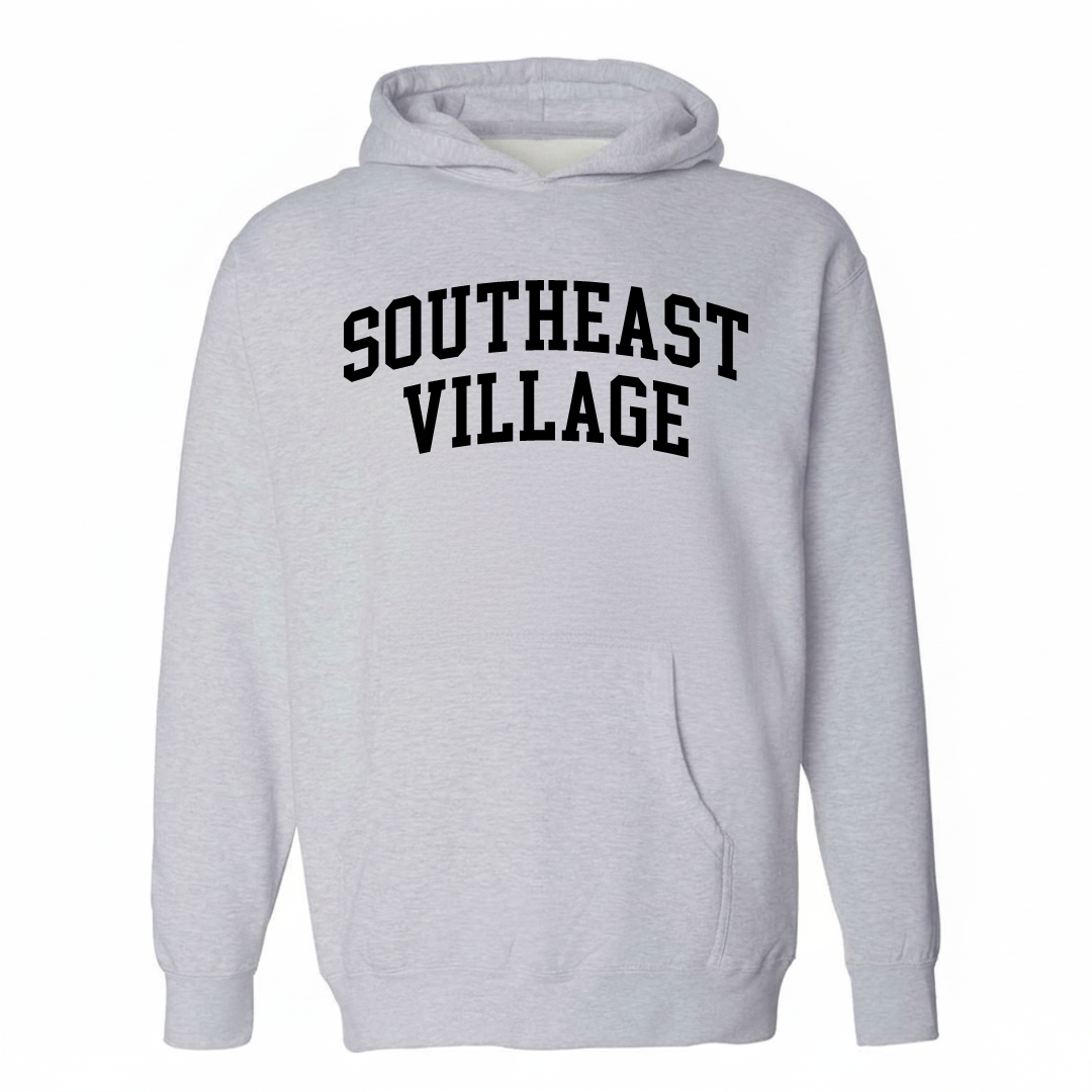 Heather-gray hoodie with the Southeast Village varsity arched lettering design on the chest.