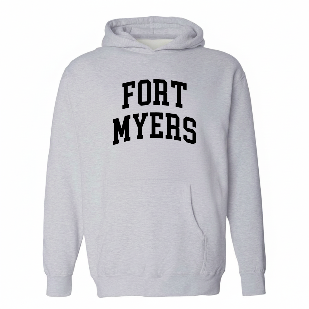 Heather-gray hoodie with the Fort Myers arched lettering varsity-collegiate design on the chest.