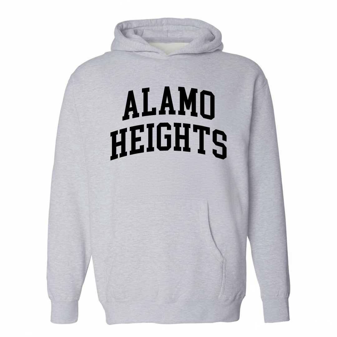 Heather-gray hoodie with the Alamo Heights arched lettering varsity-collegiate design on the chest.