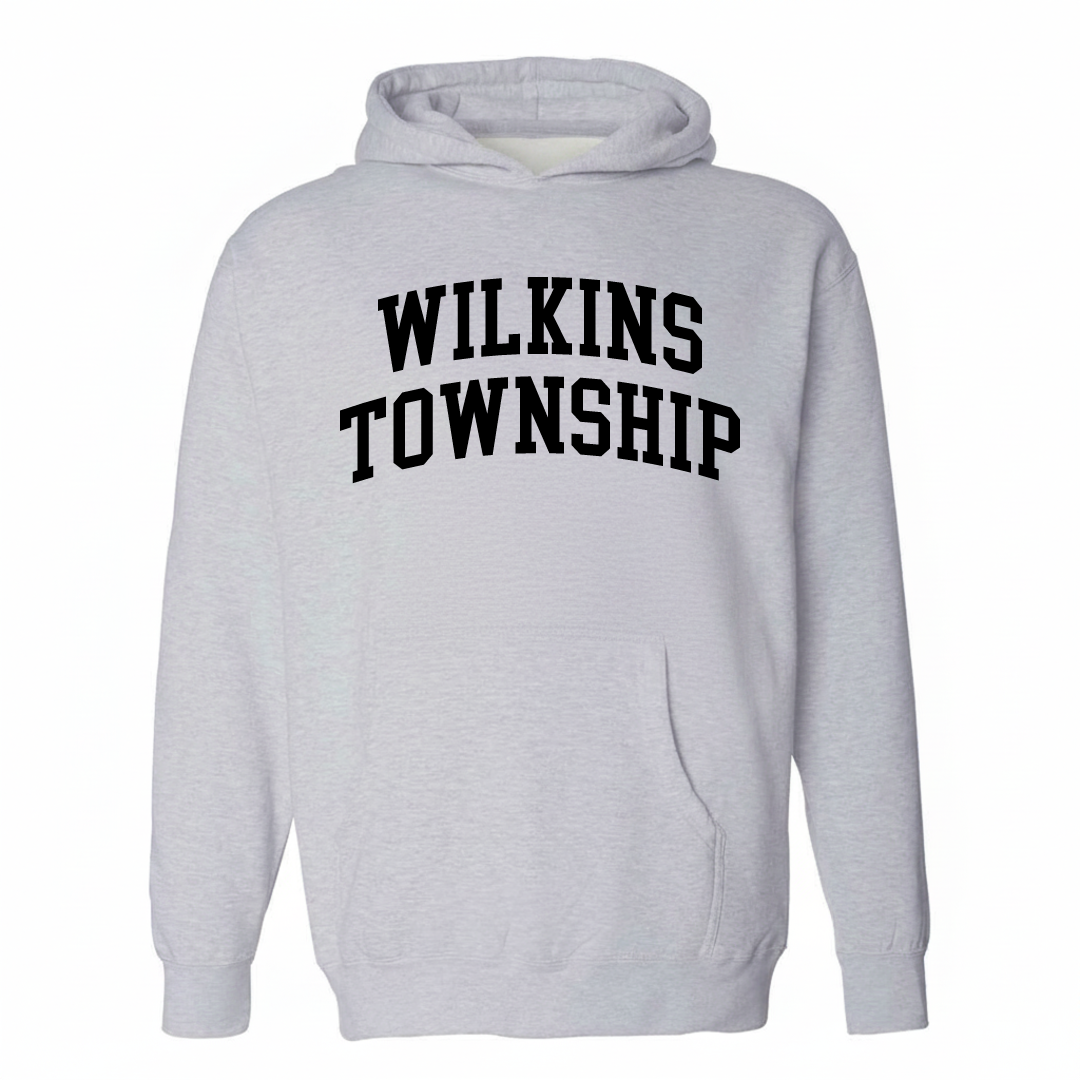 Heather-gray hoodie with the Wilkins Township varsity arched lettering design on the chest.