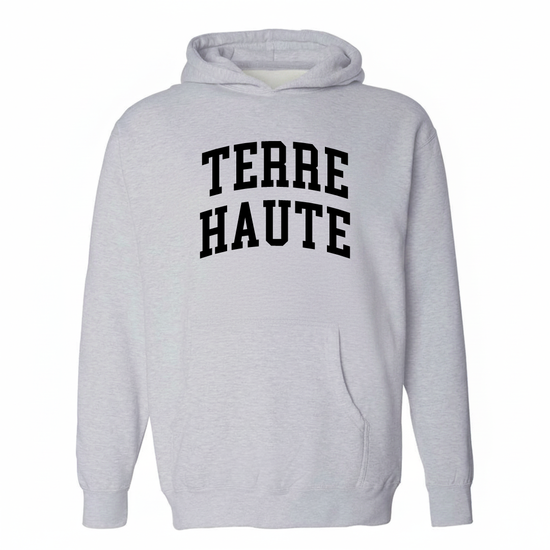 Heather-gray hoodie with the Terre Haute varsity arched lettering design on the chest.
