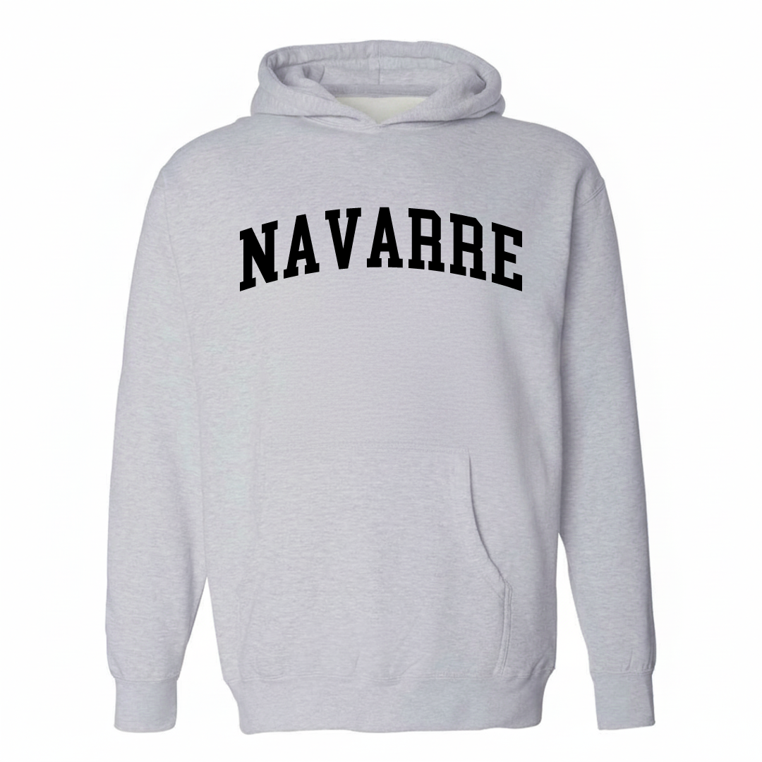 Heather-gray hoodie with the Navarre varsity arched lettering design on the chest.