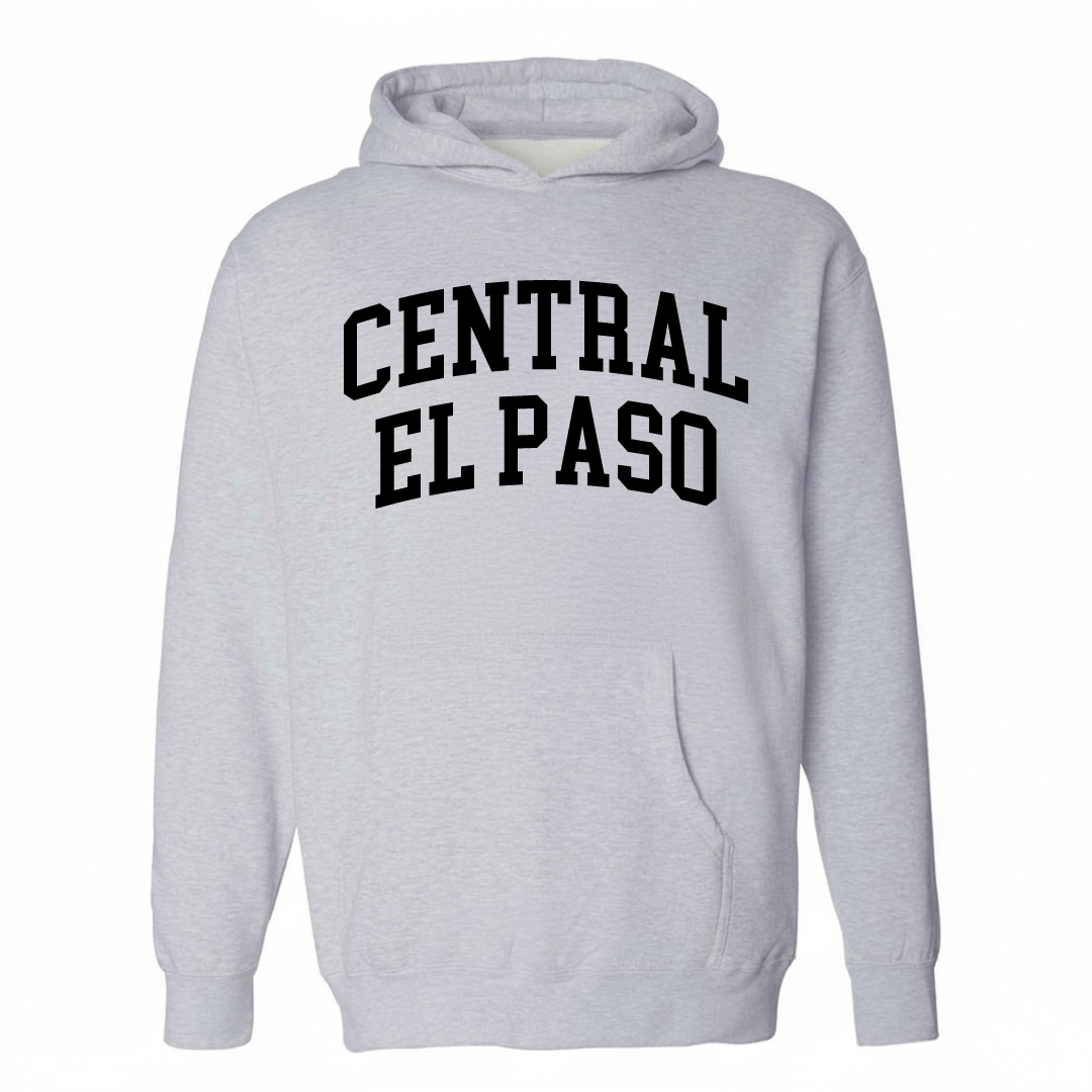 Heather-gray hoodie with the Central El Paso varsity arched lettering design on the chest.