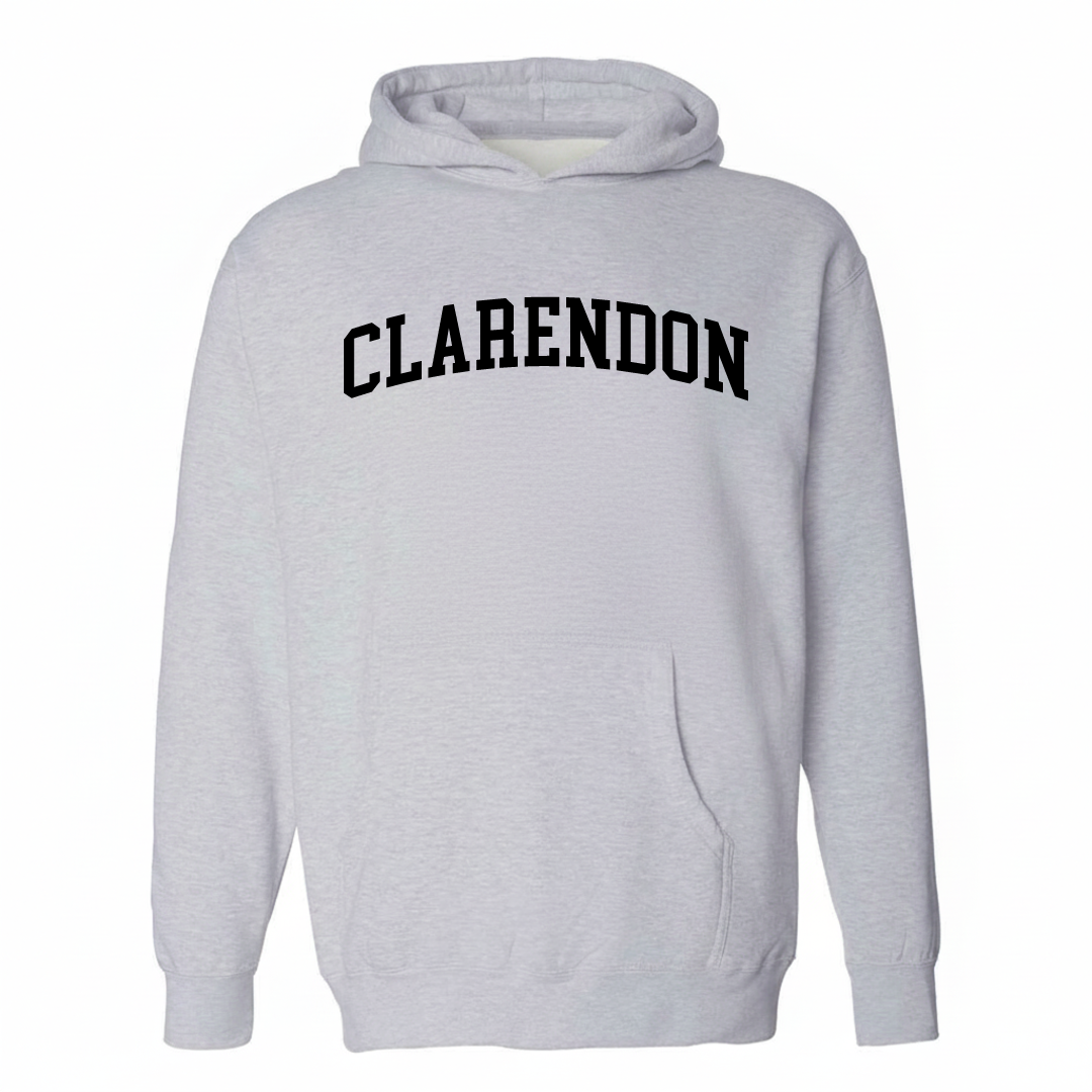Heather-gray hoodie with the Clarendon varsity arched lettering design on the chest.