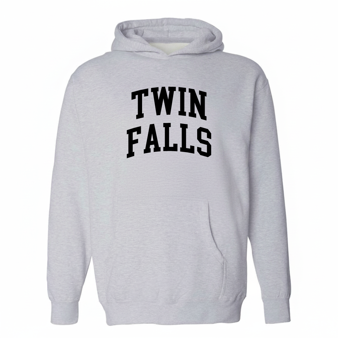 Heather-gray hoodie with the Twin Falls arched lettering design on the chest.