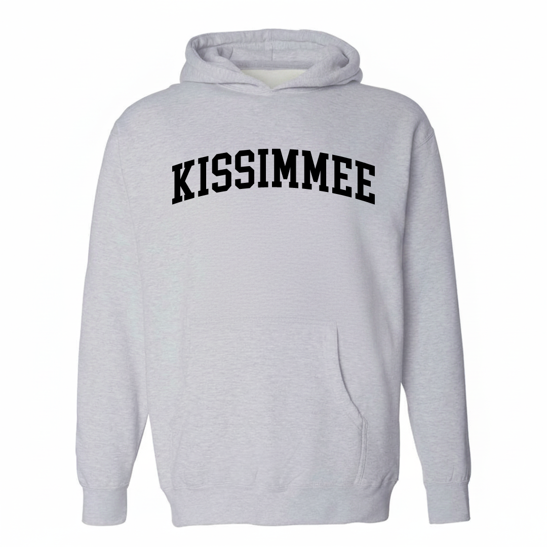 Heather-gray hoodie with the Kissimmee varsity arched lettering design on the chest.