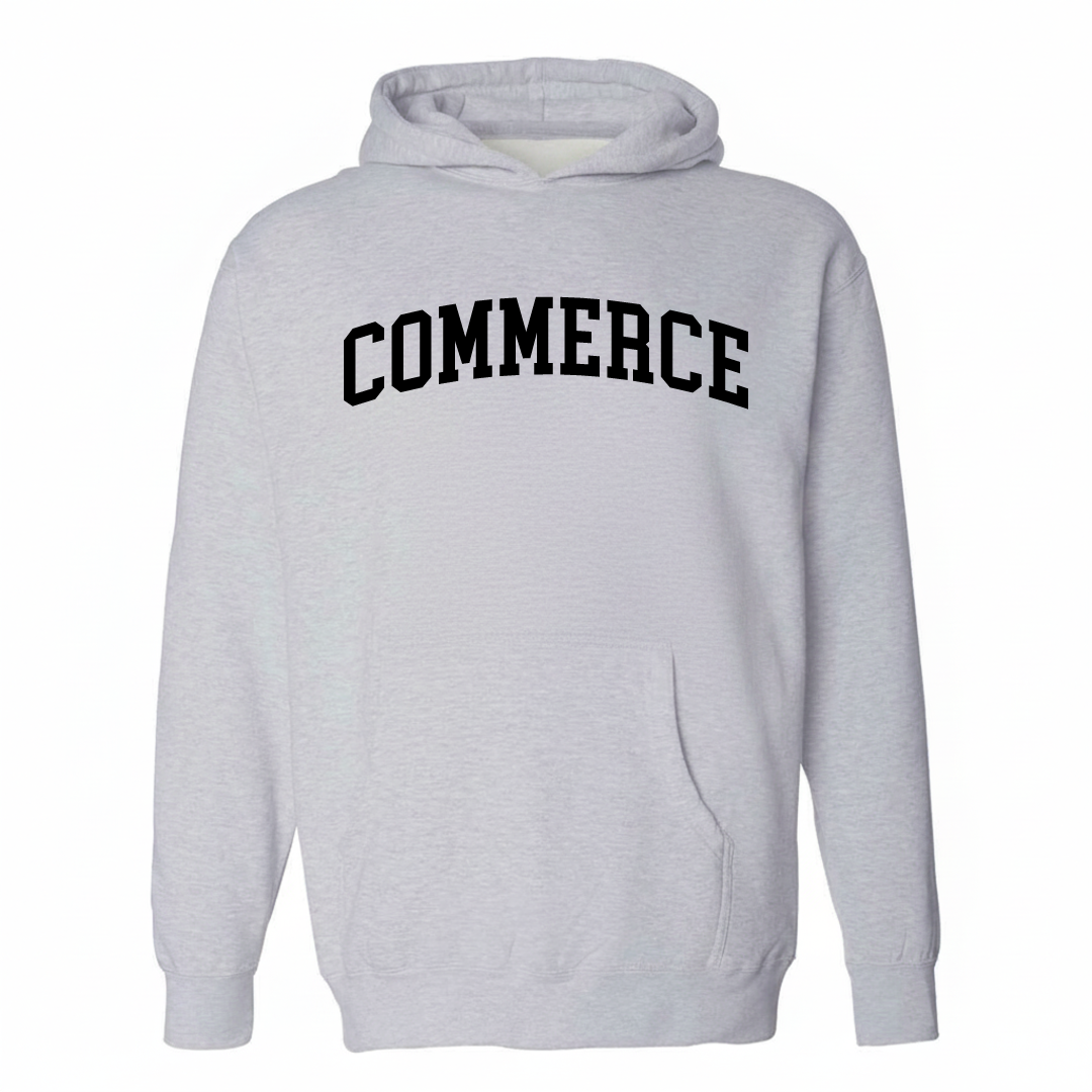 Heather-gray hoodie with the Commerce, Georgia arched lettering varsity-collegiate design on the chest.