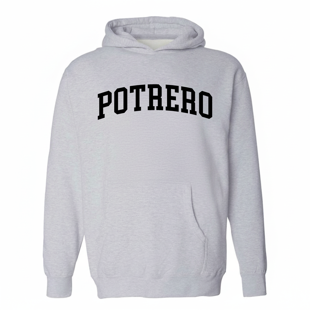 Heather-gray hoodie with the Potrero varsity arched lettering design on the chest.
