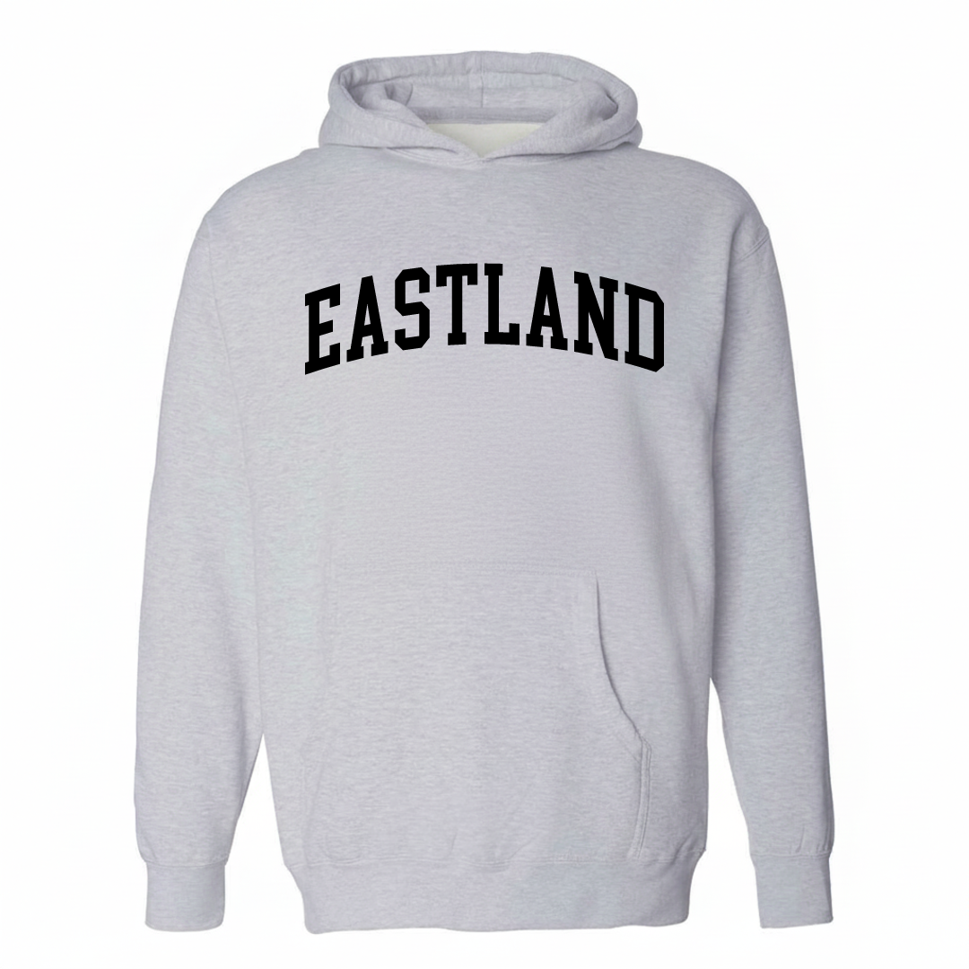 Heather-gray hoodie with the Eastland varsity arched lettering design on the chest.