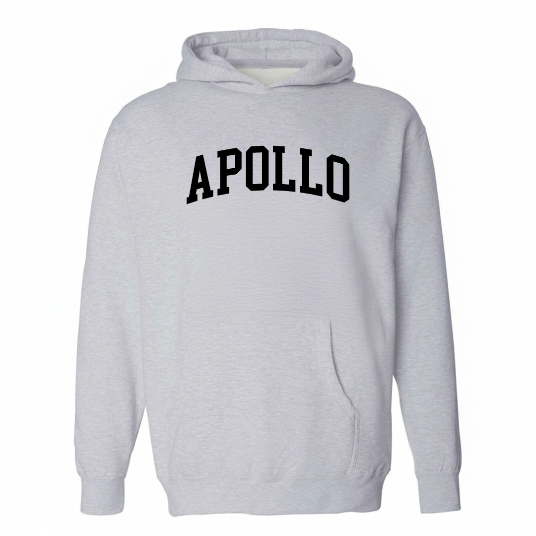 Heather-gray hoodie with the Apollo arched varsity lettering design on the chest.