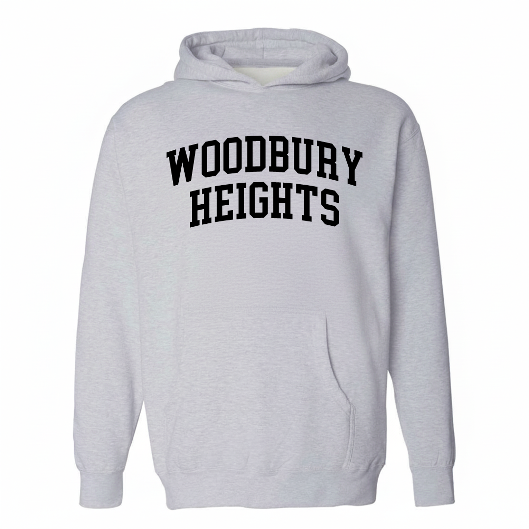 Heather-gray hoodie with the Woodbury Heights varsity arched lettering design on the chest.