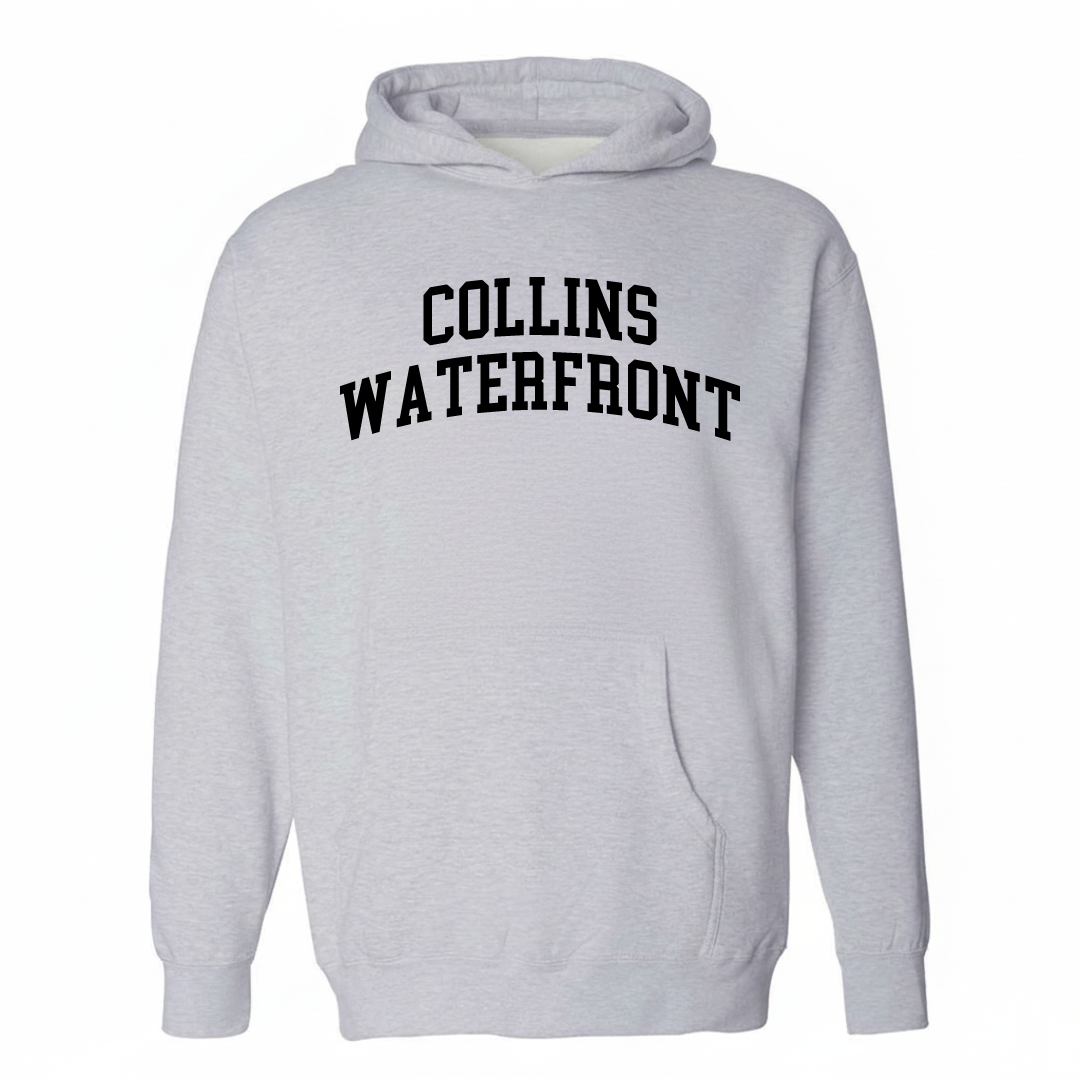 Heather-gray hoodie with the Collins Waterfront varsity arched lettering design on the chest.