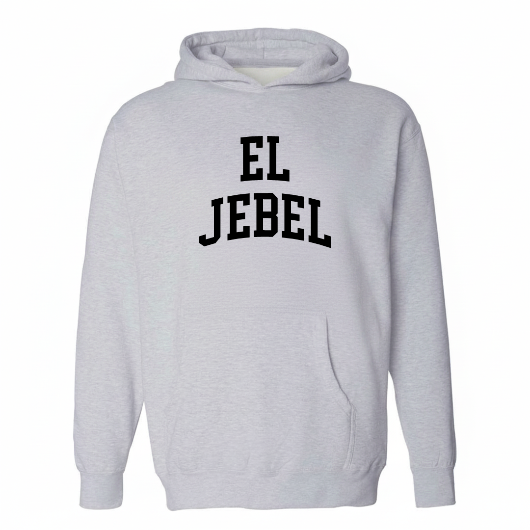 Heather-gray hoodie with the El Jebel varsity arched lettering design on the chest.