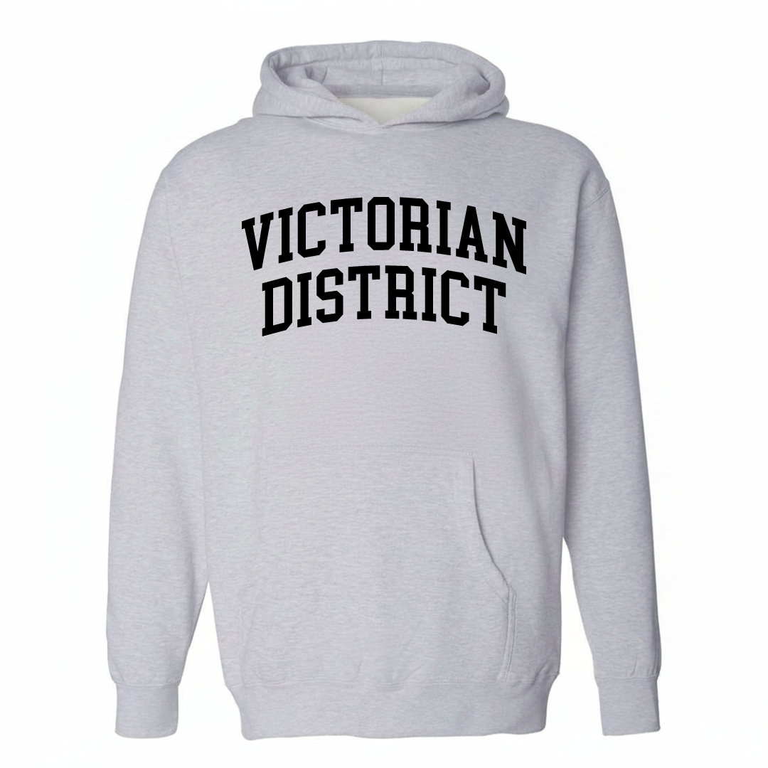 Heather-gray hoodie with the Victorian District varsity arched lettering design on the chest.