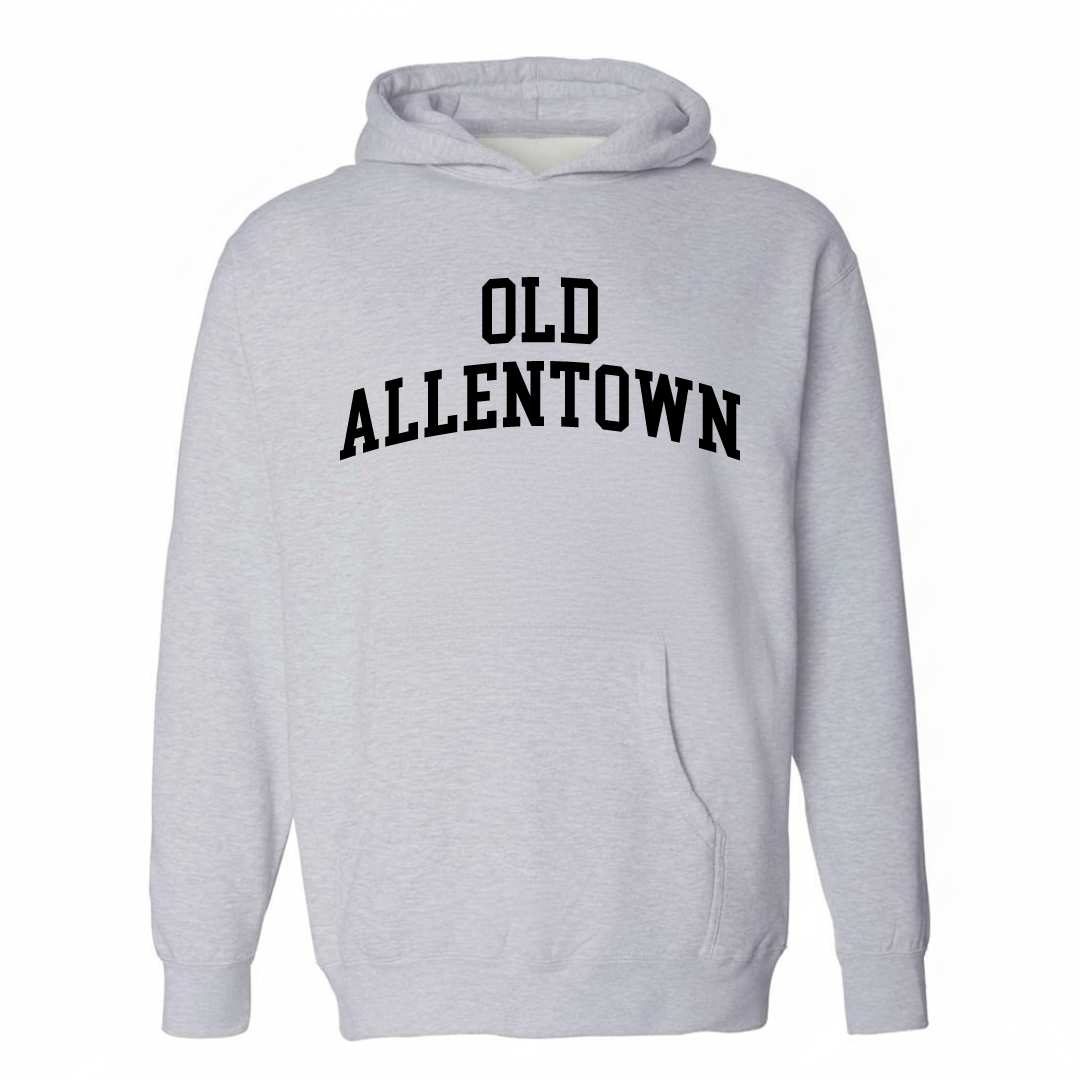Heather-gray hoodie with the Old Allentown varsity arched lettering design on the chest.