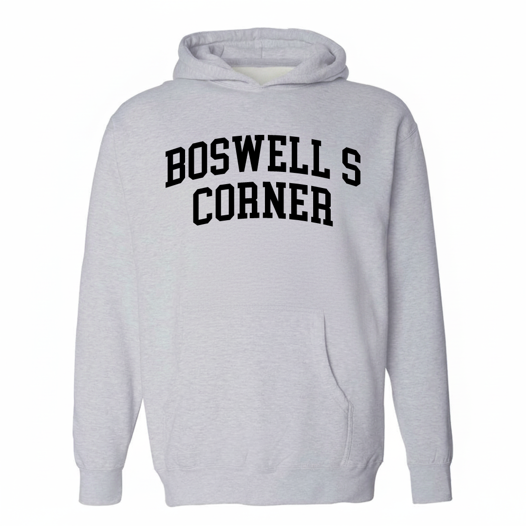 Heather-gray hoodie with the Boswell's Corner varsity arched lettering design on the chest.