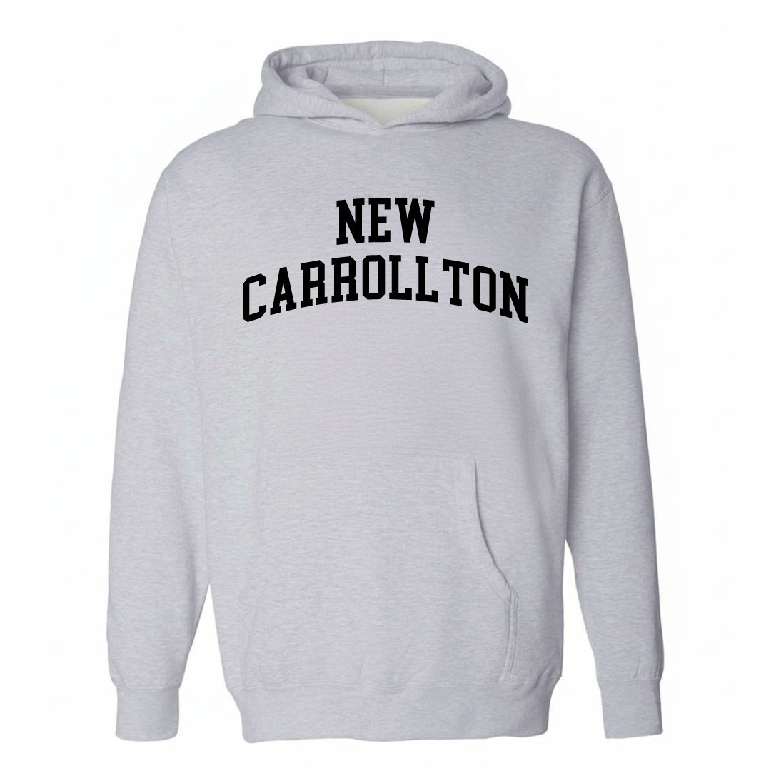 Heather-gray hoodie with the New Carrollton varsity arched lettering design on the chest.