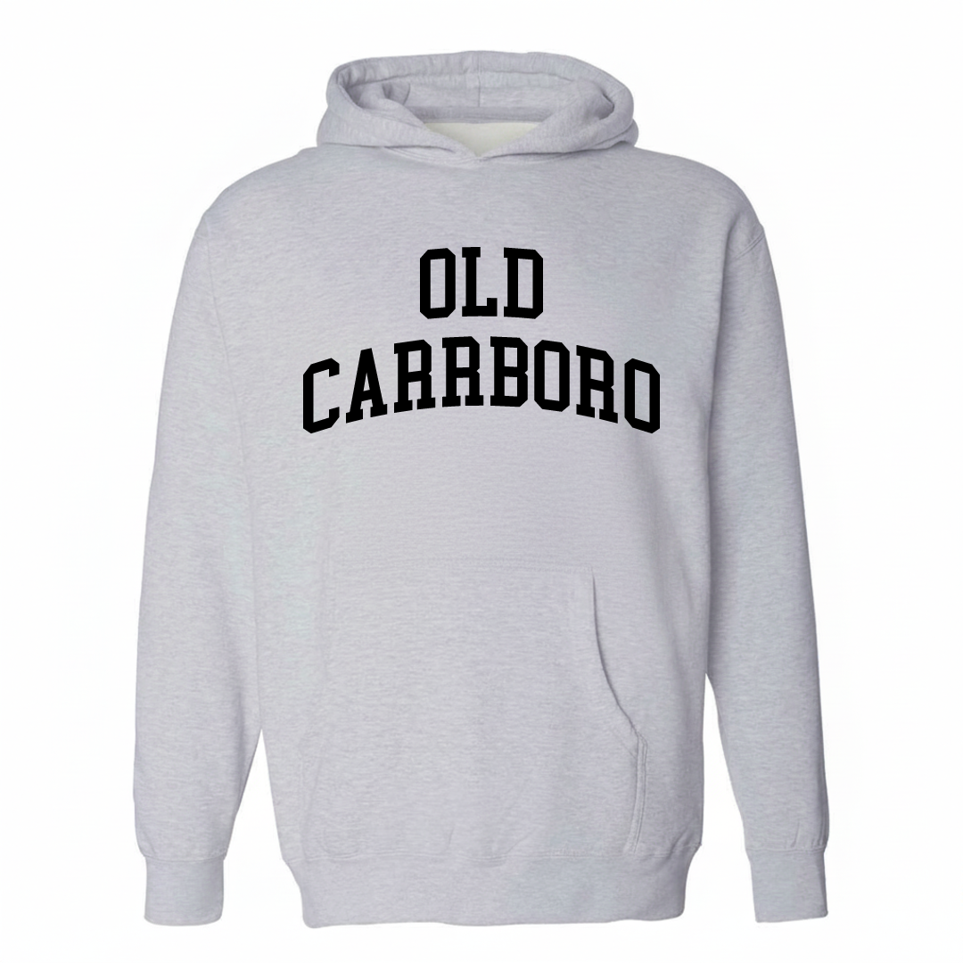 Heather-gray hoodie with the Old Carrboro varsity arched lettering design on the chest.