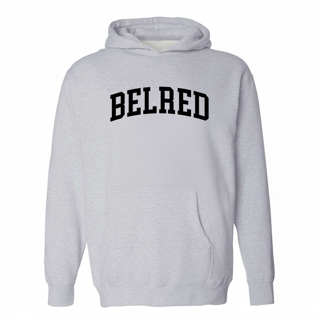 Heather-gray hoodie with the BelRed arched varsity lettering design on the chest.