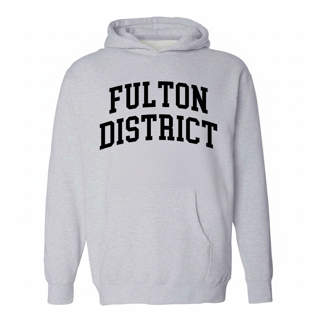 Heather-gray hoodie with the Fulton District varsity arched lettering design on the chest.