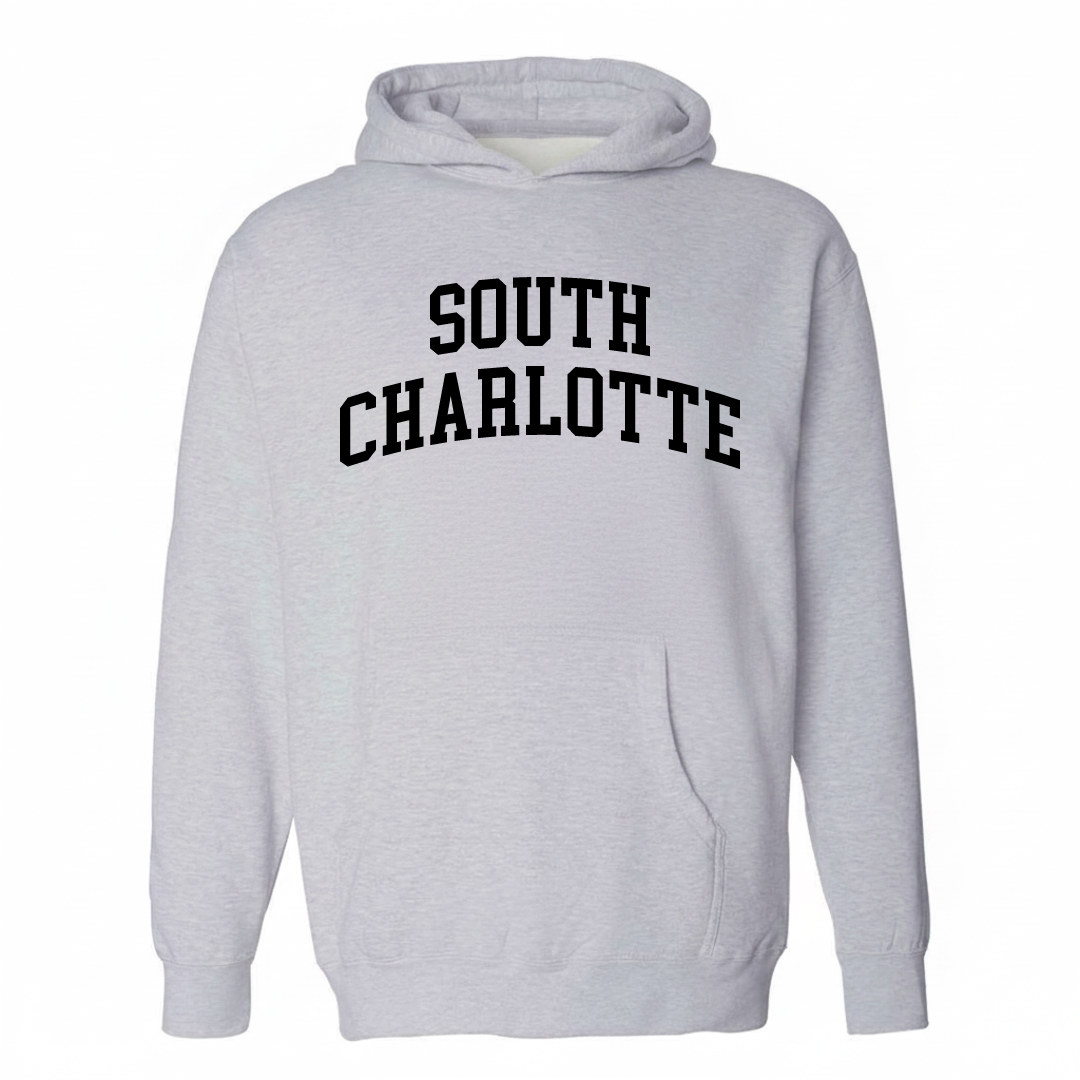 Heather-gray hoodie with the South Charlotte varsity arched lettering design on the chest.
