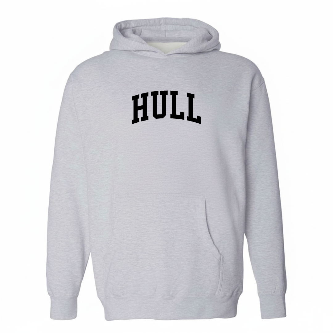 Heather-gray hoodie with the Hull Iowa arched lettering varsity-collegiate design on the chest.
