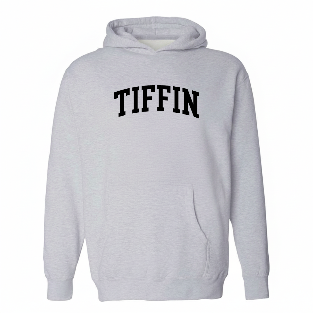Heather-gray hoodie with the Tiffin arched varsity lettering design on the chest.