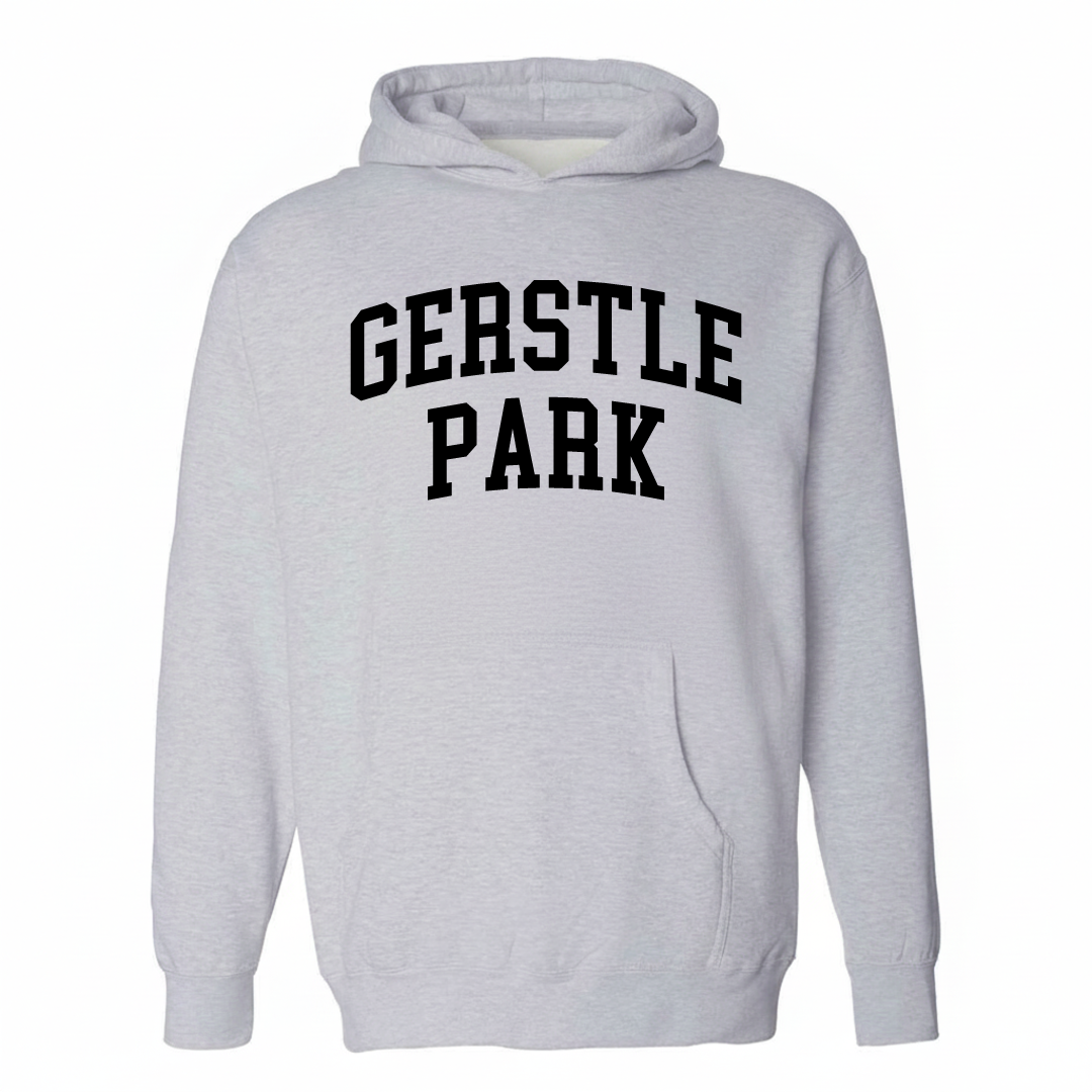 Heather-gray hoodie with the Gerstle Park arched lettering design on the chest.